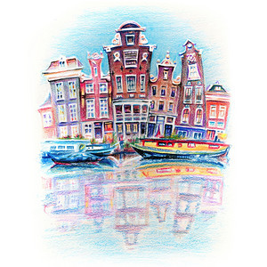 阿姆斯特丹典型房屋的彩色铅笔草图及其在荷兰运河的反射图片