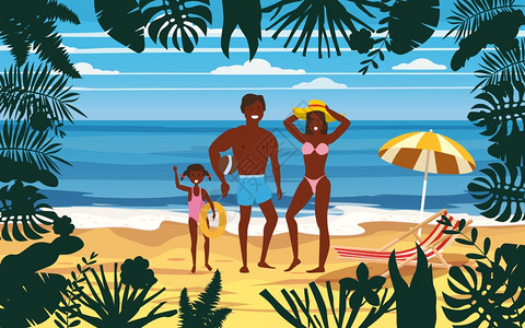 快乐一家人享受海滩度假时光卡通插画图片