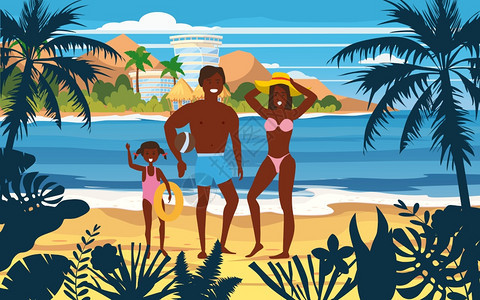 快乐一家人享受海滩度假时光卡通插画图片