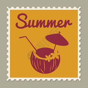 邮票夏季休椰子鸡尾酒复古设计暑休矢量插图孤立图片