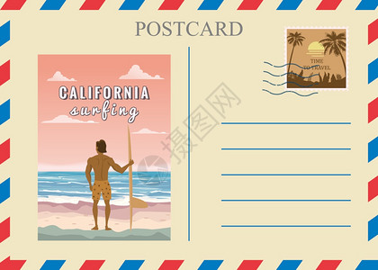 带邮票邮戳冲浪者图案的明信片图片