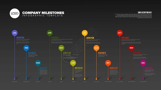 全年时间表模板所有月数都以水平时间线为作圆滴子暗版图片
