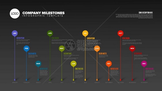 全年时间表模板所有月数都以水平时间线为作圆滴子暗版图片