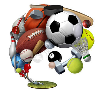 在草地上安装娱乐体育和休闲设备配有足球篮高尔夫足排和羽毛以白色背景与3D插图元素隔离图片