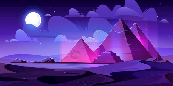 夜色中的沙漠 金字塔卡通矢量插画图片