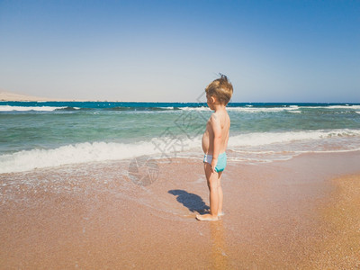 男孩站在海边看着地平线图片