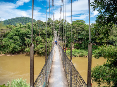 在热带雨林的中年轻人在河上旧悬浮桥行走图片
