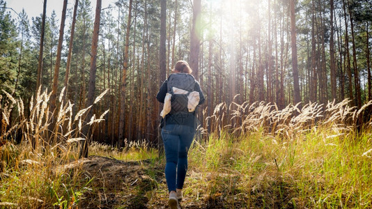 在松树林中行走时背心着徒步旅行的年轻妇女近视照片图片