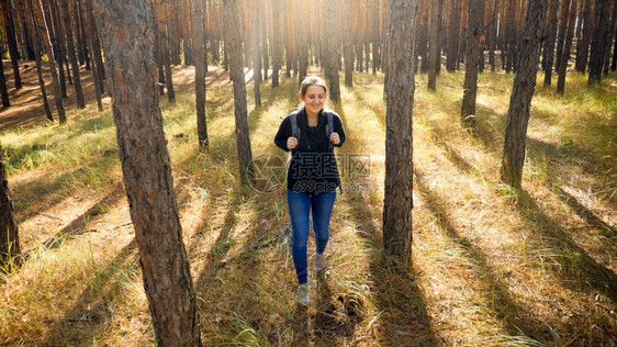 美丽的微笑女孩在阳光明媚的白天在松树之间行走同时在森林中徒步图片