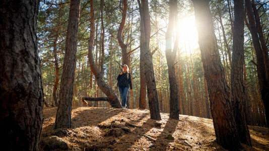 美丽的年轻女徒步者在日落时森林中行走图片