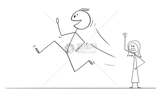 矢量卡通插图描绘快乐微笑的男人或丈夫在跑步和离开妻子或时快乐微笑的男子或丈夫在跑步和从女人或妻子跑动时的概念插图图片