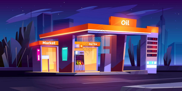 城市车辆的燃料加油店夜间服务图图片