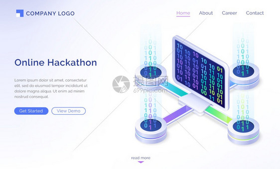 在线hackathon等量着陆页面计算机桌与远程平台连接的屏幕上有二元代码Pc软件开发编码数字据概念工作3d矢量网络横幅等量着陆图片