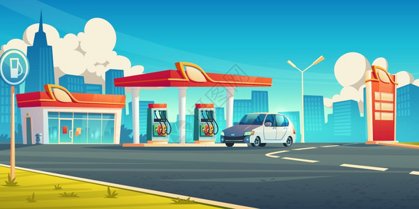 燃气站城市加油配有建筑的加油店市景背图片