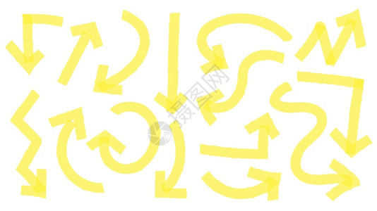 手画黄色亮光箭头指向不同方的针圆形和卷状箭头向上下左和右圆形标记笔线以箭头图示形式显圆和卷箭头线条插画
