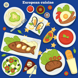 欧洲烹饪食品餐和甜点食品意大利面牡蛎炒蛋和香肠烤鱼番茄汤牛排和布鲁谢塔希腊沙拉和面包饼巧克力蛋糕欧洲烹饪餐和后甜点食品图片
