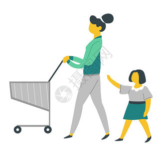 母亲和女儿在与超市汽车载体购买食品图片