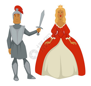 英国皇室维多利亚女王中世纪骑士和公主卡通矢量插画插画