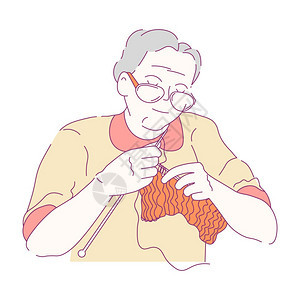祖母用针头和羊毛线织或手工围巾给老年妇女戴眼镜从事老人休闲活动和消遣手工艺图片