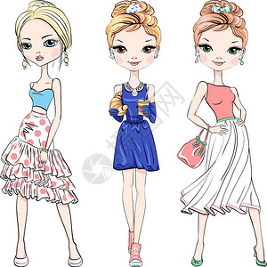 美女模特侧身走路3个美丽的时装女模特儿在夏季服装中最顶级模特儿的