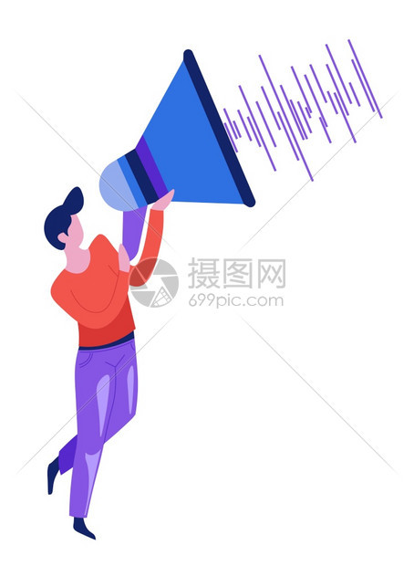 拥有扩音器或的男子声波与格隔离的矢量人和音乐播放或录记量图像频率可视化音声文件Wavvy线歌或旋律有扩音器或的声波孤立人图片