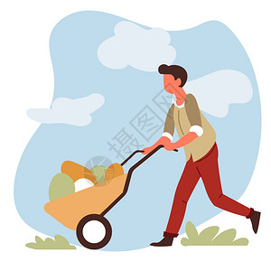 春天蔬菜男人推着装有蔬菜的手推车插画