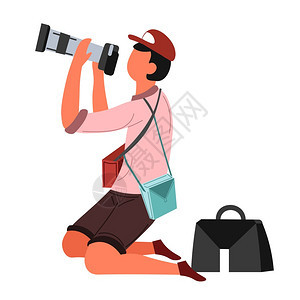 摄影记者或狗仔队和摄影像头矢量在膝盖上与男隔离用袋或拍摄影和照片重点和成份专业工作图片