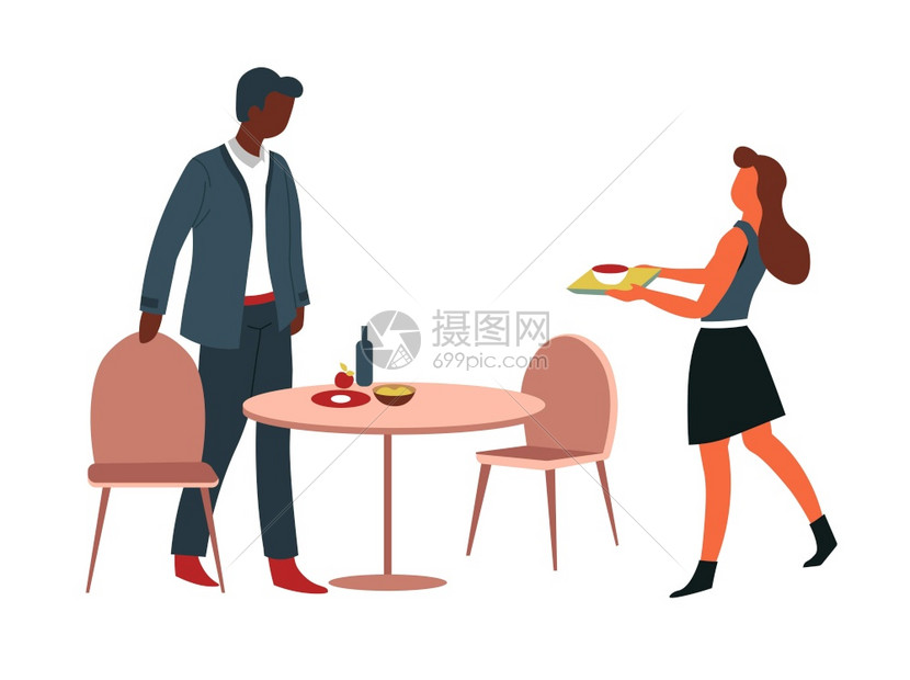办公室食堂男女在餐桌上吃午的饮用男在桌边吃饭男用拉椅子女餐桌托盘食品日餐饮厅自助或图片