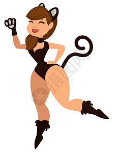 穿着猫女服装跳舞的女孩卡通矢量插画图片