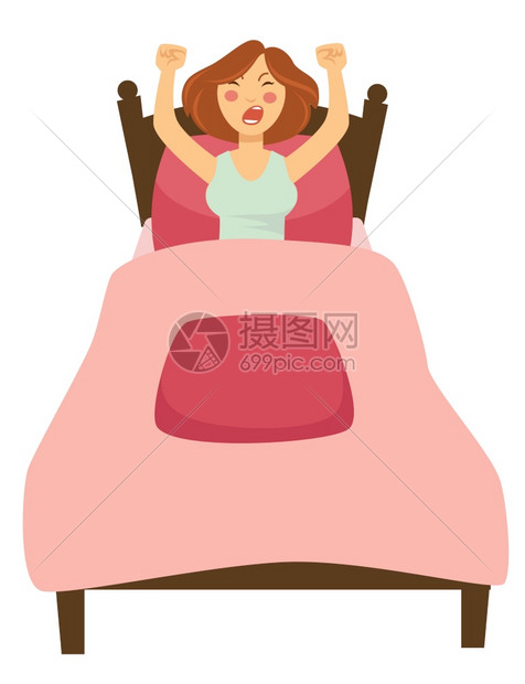 睡枕边的人卧室家具和粉色亚麻布上用毯子打哈欠女孩妇早上醒来时在床在床上用孤立的女特征图片