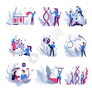 科学家和设备遗传孤立的抽象图标科学矢量瓶和DNA显微镜分子化学试剂液体生物学和化实验室设备图片
