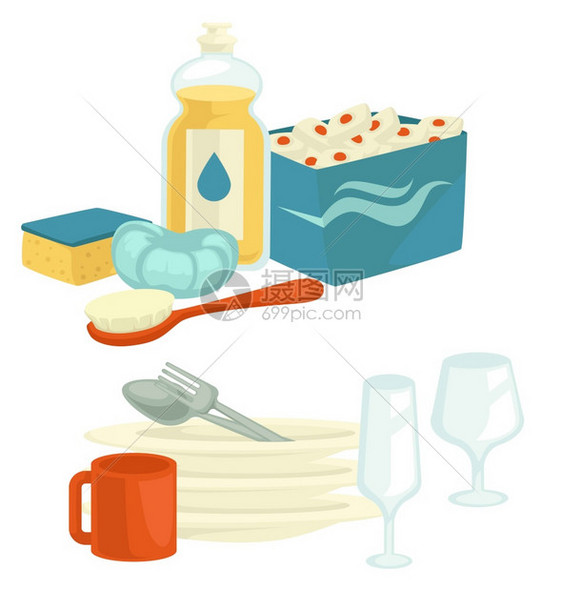 洗涤干净的盘子和清洁工具或的病媒家用刷子和海绵片用于洗碗机板勺子和叉杯餐具或玻璃和化学工具图片