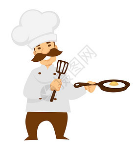 厨师穿制服在煎锅上煮炸鸡蛋在烟锅上煮炸鸡蛋和烟囱病媒上做饭孤立男格厨房工人烹饪员和做饭者从事胡子工或职业餐馆咖啡煎锅上鸡蛋烹饪图片