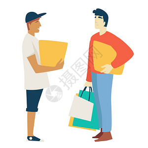 男用孤立的集装箱和包买衣服货客户购买衣服和货品的包朋友与交货服务工作者或送货人交谈男用带箱或包裹的购物男子与带袋或包裹的购物男子图片