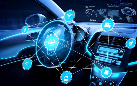 汽车物联网驾驶舱HUD技术内部使用AI人工智能传感器驾驶无人的汽车背景