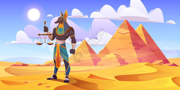站在金字塔前的阿努比斯埃及神卡通矢量插画图片