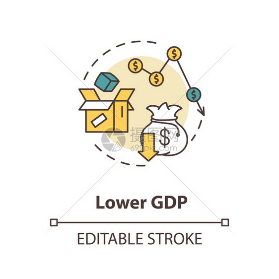 低GDP概念图标负失业结果金融损失经济下降社会问题细线插图矢量孤立大纲RGB彩色绘图可编辑的中风图片