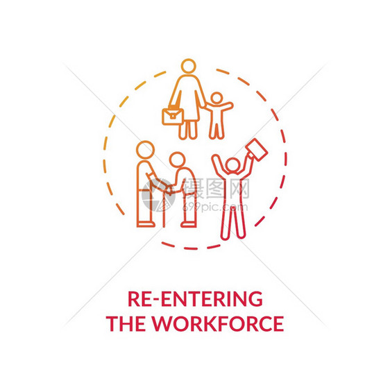 重新输入劳动大军红梯度概念图标为年长母亲和轻工作企业雇员寻找工作理念细线插图矢量孤立大纲RGB颜色绘图再次输入劳动大军红梯度概念图片