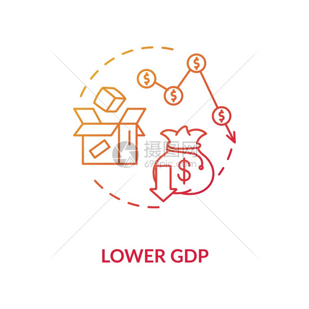 低GDP红梯度概念图标负失业结果财政损失经济下降社会问题概念细线图解矢量孤立示RGB颜色绘图图片