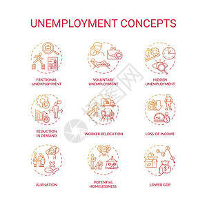 失业类型红色梯度概念图标设置失业类型潜在无家可归现象国内生产总值下降经济问题概念细线RGB彩色插图矢量孤立的大纲图画设置图片
