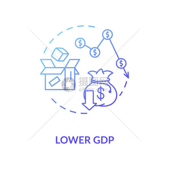 低GDP蓝色梯度概念图标负失业结果金融损失经济减少社会问题概念细线插图矢量孤立大纲RGB颜色绘图图片