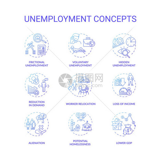 失业类型蓝色梯度概念图标设置潜在的无家可归国内生产总值下降经济问题细线RGB彩色插图矢量孤立的大纲图纸失业类型蓝色梯度概念图标设图片