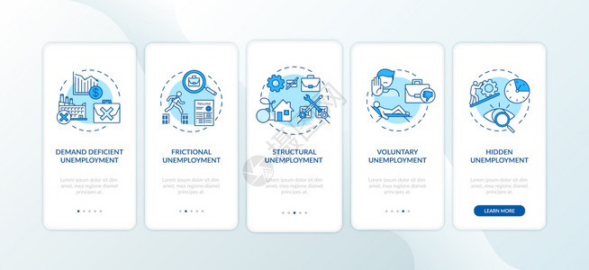 劳动力市场危机失业问题经历五步图形指示带有RGB颜色插图的UI矢量模板带有概念的移动应用程序页面屏幕上失业类型图片