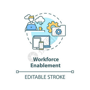 增强劳动力能概念图标信息技术部门雇员的数字工作空间提高客户满意度细线插图矢量孤立大纲RGB彩色绘图可编辑中风增强劳动力能概念图标图片
