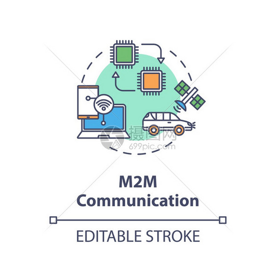 M2M通信概念图标远程技术连接设备概念细线插图之间无信息交流矢量孤立大纲RGB颜色绘图可编辑中风图片