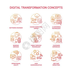 红色梯度数字转换概念图标集专业程序员商思想技术创新细线RGB颜色图解矢量孤立的大纲图纸数字转换红色梯度概念图标集图片