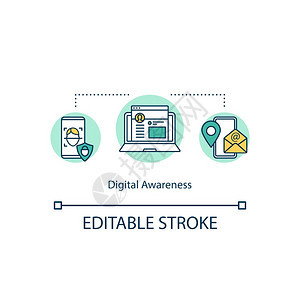 数字意识概念图标在线身份互联网安全通过电子邮件促进管理技术念细线插图矢量孤立大纲RGB彩色绘图可编辑中风图片