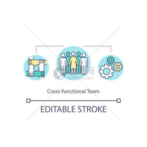 跨功能团队概念图标不同雇员业务操作公司工理念团队细线插图矢量孤立大纲RGB彩色绘图可编辑中风跨功能团队概念图标图片