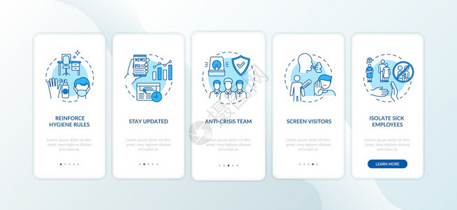 带概念的移动应用程序页面屏幕上登移动应用程序页面屏幕时的工作场所安全准则在办公室行走5步图形指示中使用抗细菌凝胶配有RGB彩色插图片