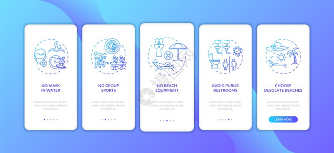 登入页面在公共海滩禁止使用带有概念的移动应用程序页面屏幕上登入公共海滩防止冠状扩散的方法5步走过图形指示配有RGB颜色插图的UI矢量模板插画